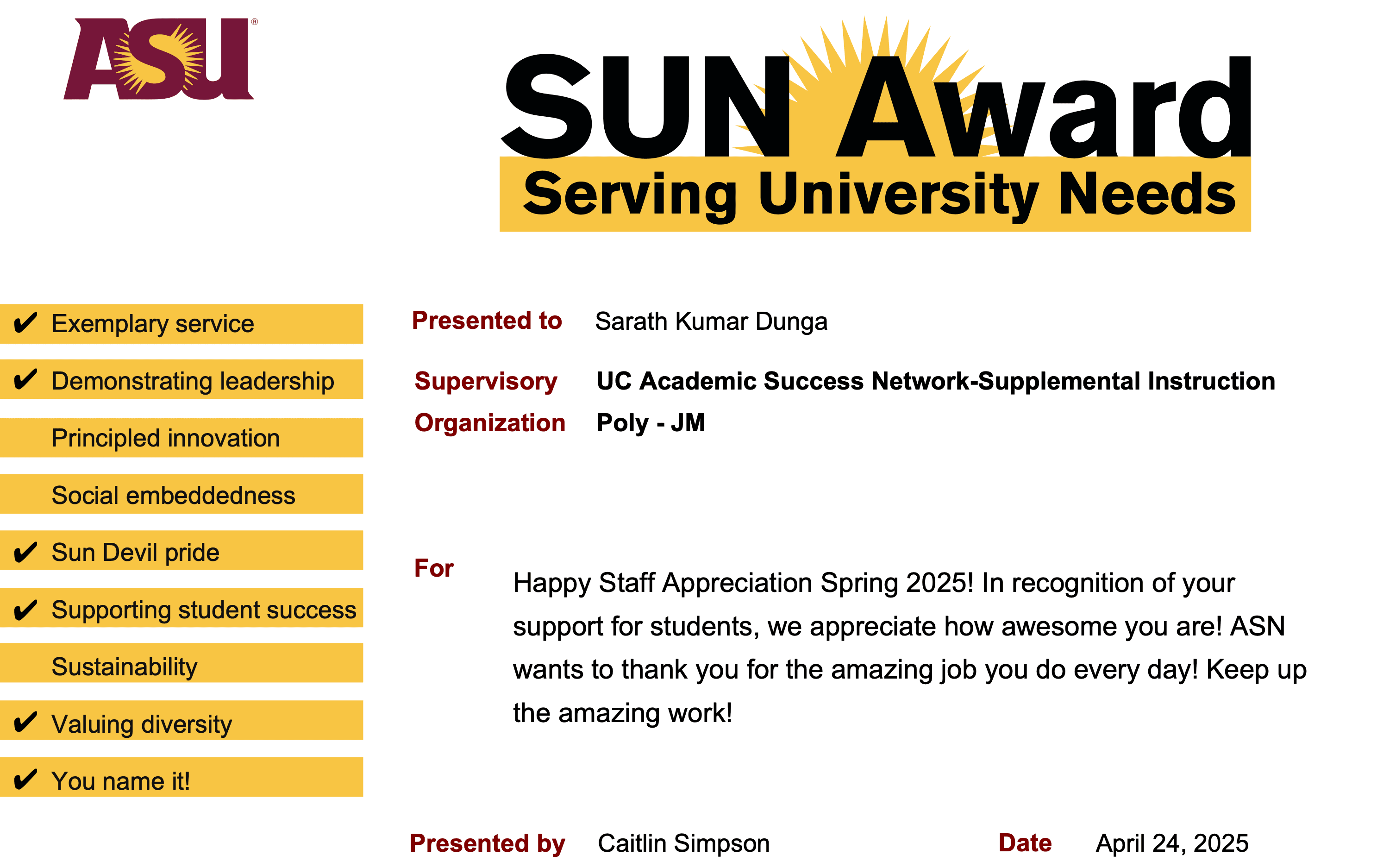 ASU Sun Award